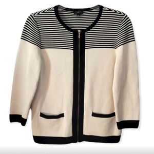 Talbots Ivory and Black Full Zipper Cardigan Sweater Size Medium Petite